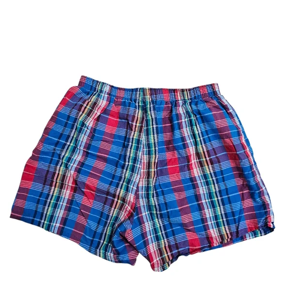 Vintage Izod Madras Plaid Boxers Men’s Medium Red Blue Cotton Woven Shorts Prep - Picture 3 of 4